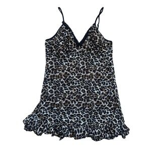 Vtg Victorias Secret Leopard Mesh Ruffle mini Slip Dress Large Animal Print sexy
